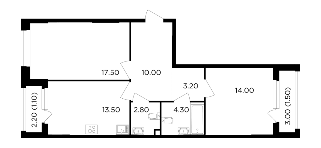 2-комнатная квартира 67.9 м2, 1-й этаж