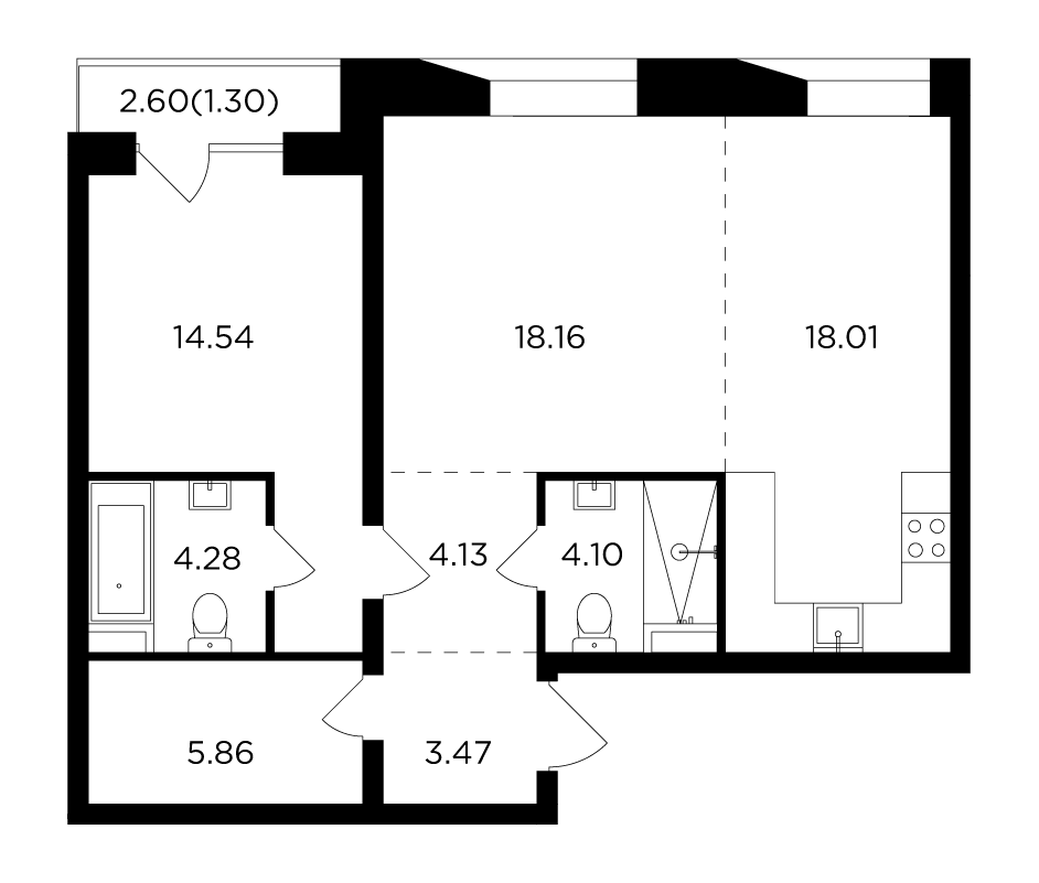 2-комнатная квартира 73.85 м2, 13-й этаж