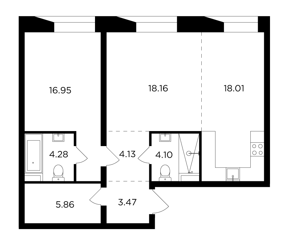 2-комнатная квартира 74.96 м2, 3-й этаж