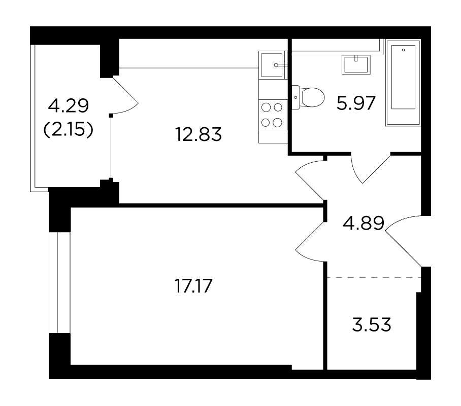 1-комнатная квартира 46.54 м2, 3-й этаж