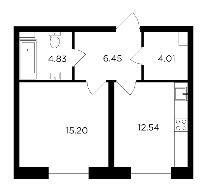 1-комнатная квартира 43.03 м2, 13-й этаж