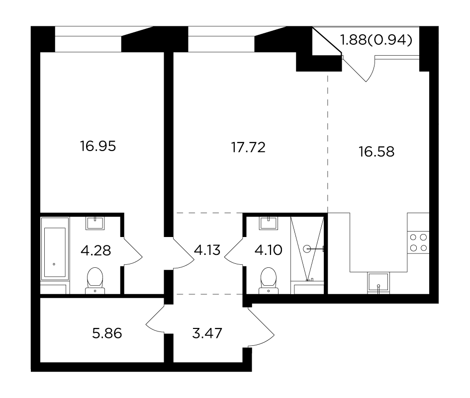 2-комнатная квартира 74.04 м2, 12-й этаж