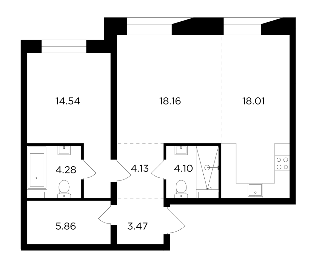 2-комнатная квартира 72.55 м2, 14-й этаж