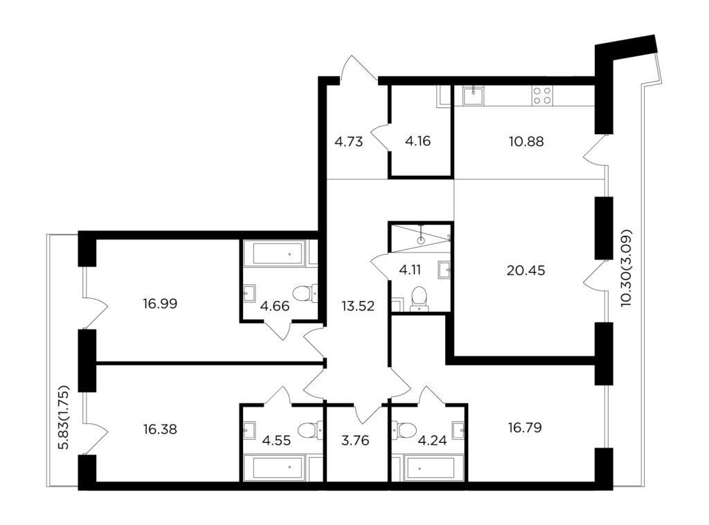 4-комнатная квартира 130.06 м2, 13-й этаж