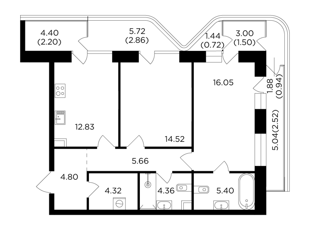 2-комнатная квартира 78.68 м2, 11-й этаж