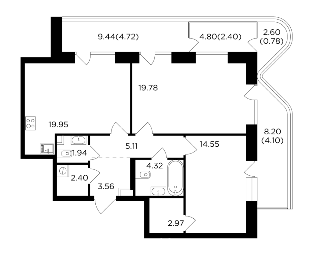 2-комнатная квартира 86.58 м2, 12-й этаж