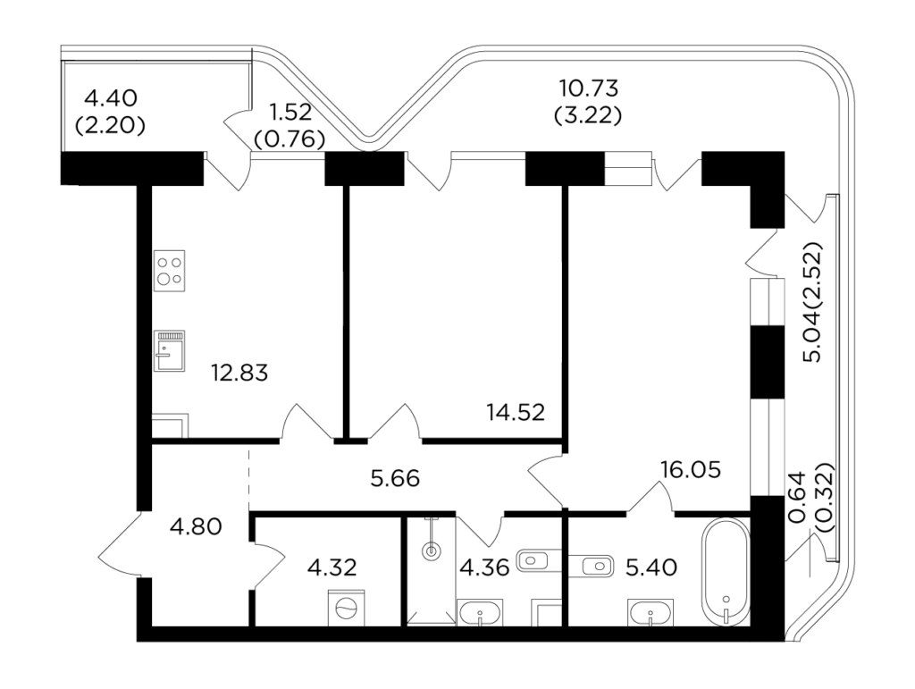 2-комнатная квартира 76.96 м2, 12-й этаж