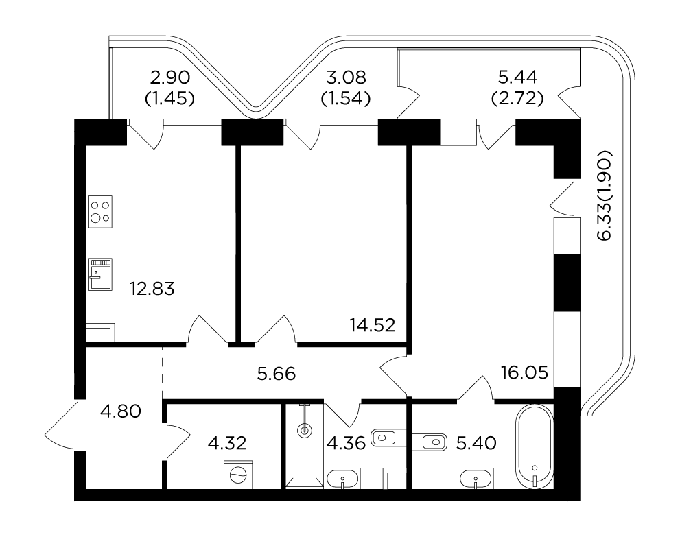 2-комнатная квартира 75.55 м2, 14-й этаж