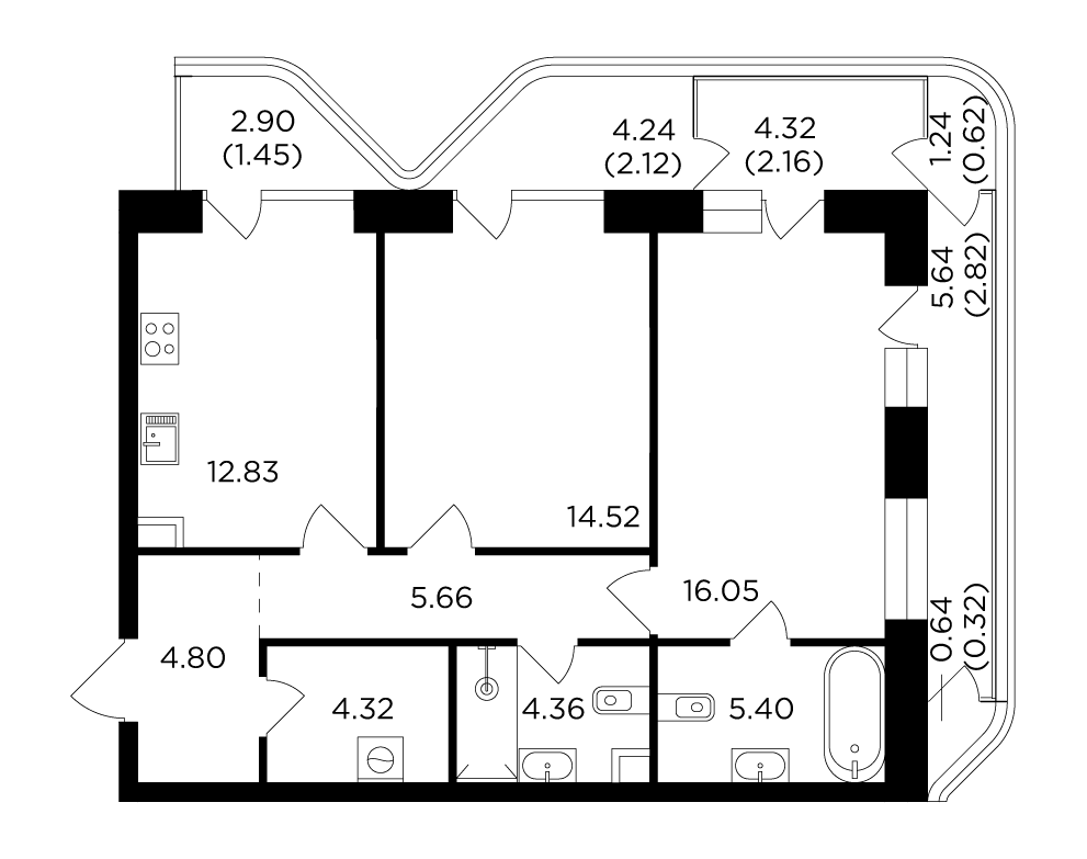 2-комнатная квартира 77.43 м2, 18-й этаж
