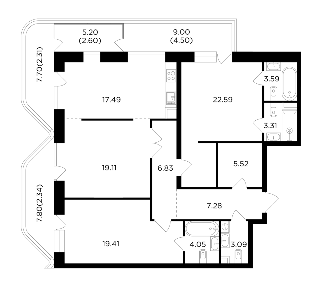 3-комнатная квартира 124.02 м2, 3-й этаж