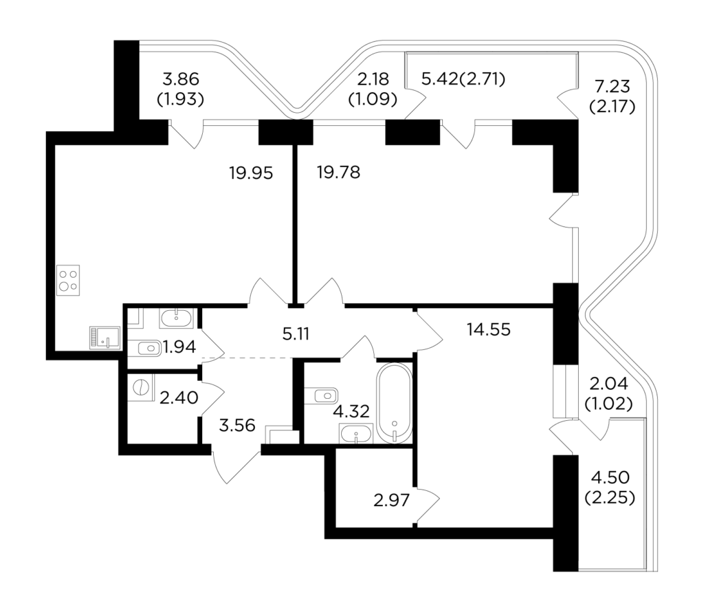 2-комнатная квартира 85.75 м2, 3-й этаж