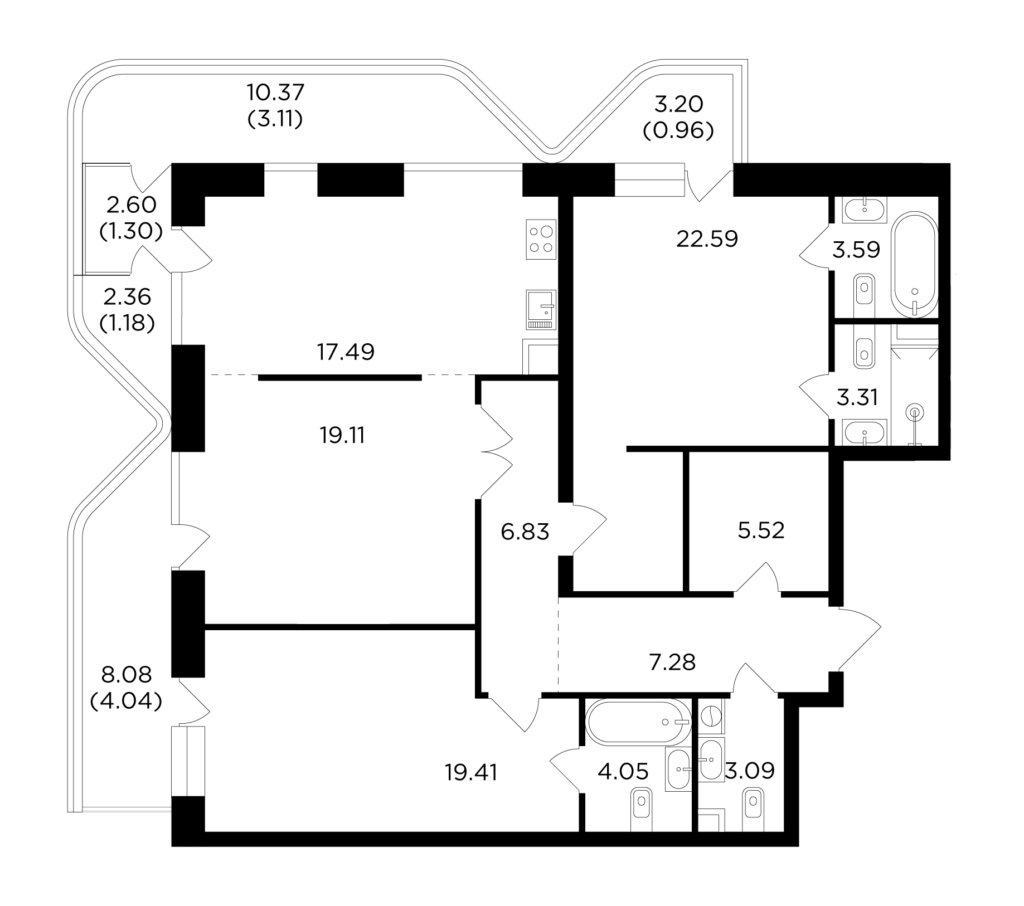 3-комнатная квартира 122.86 м2, 6-й этаж