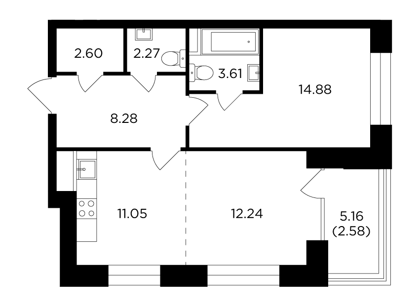 2-комнатная квартира 57.51 м2, 18-й этаж