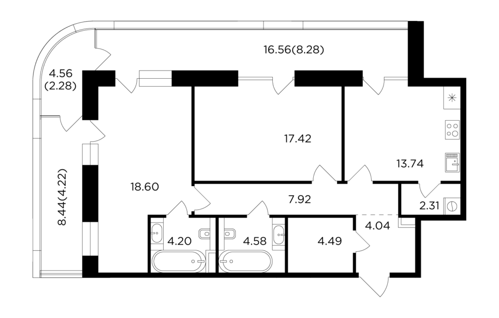 2-комнатная квартира 92.08 м2, 5-й этаж