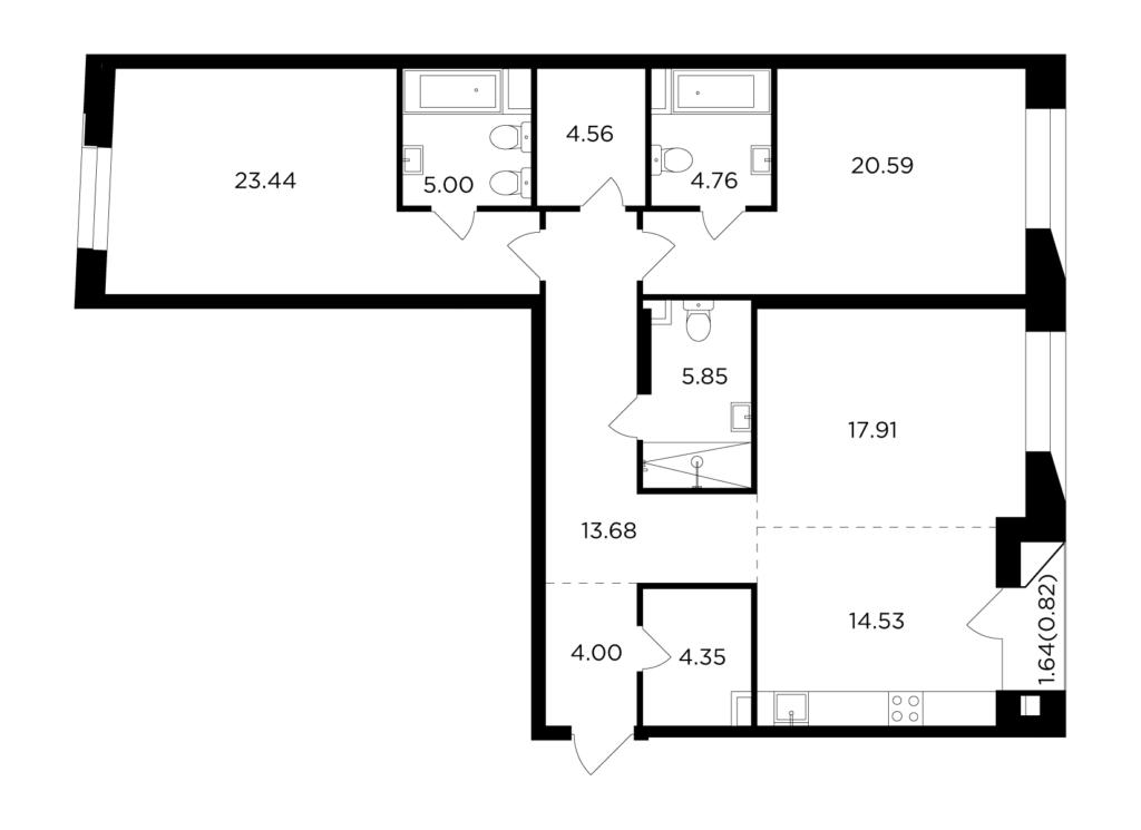 3-комнатная квартира 119.49 м2, 13-й этаж