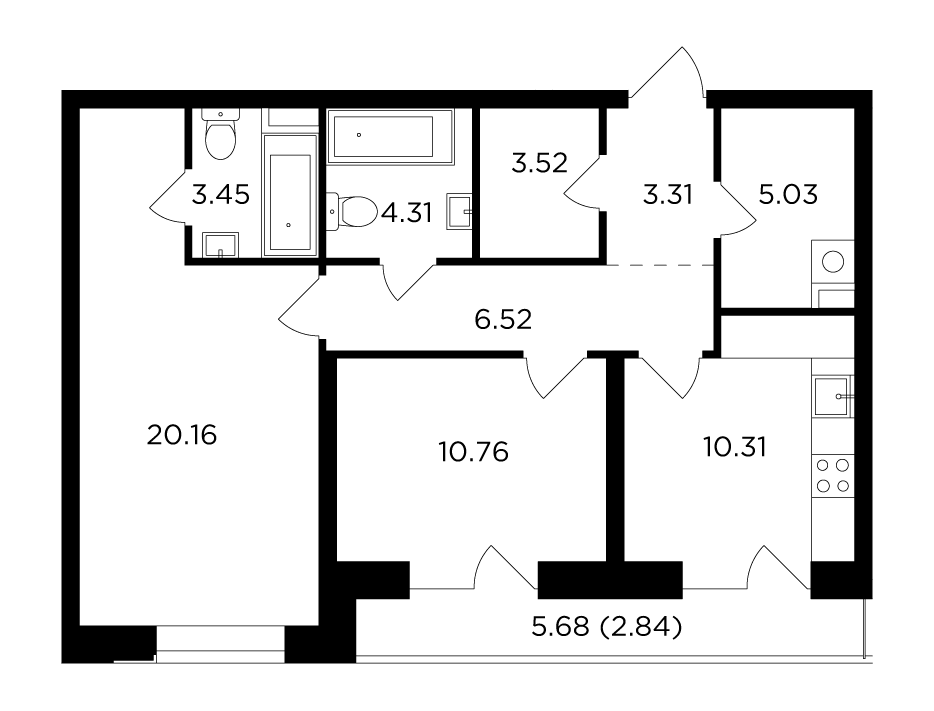 2-комнатная квартира 70.21 м2, 11-й этаж
