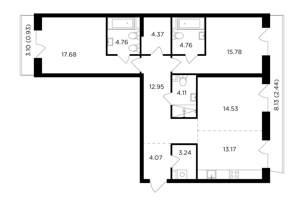 3-комнатная квартира 102.79 м2, 13-й этаж