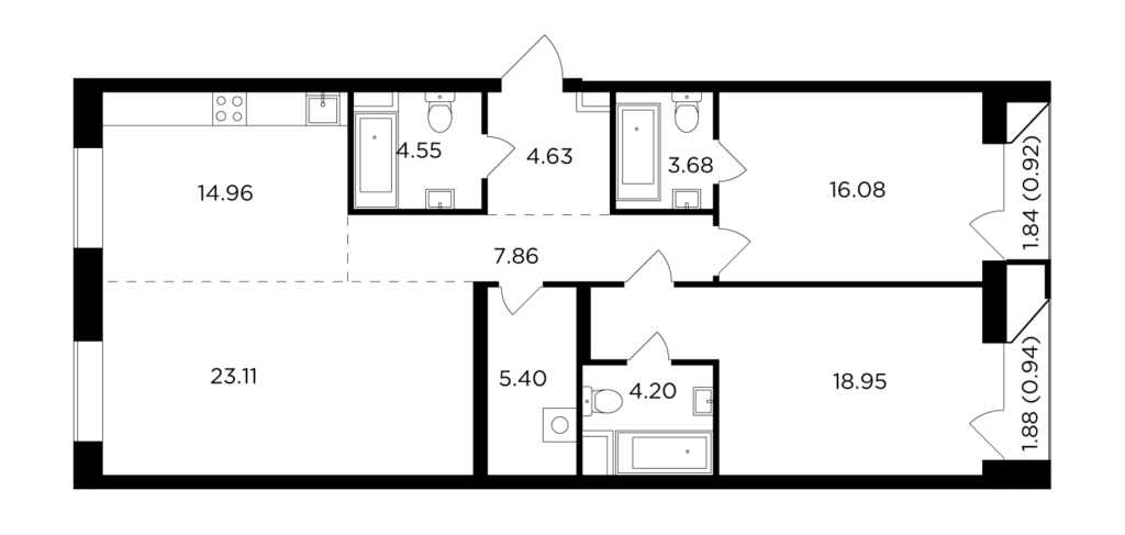 3-комнатная квартира 105.28 м2, 7-й этаж