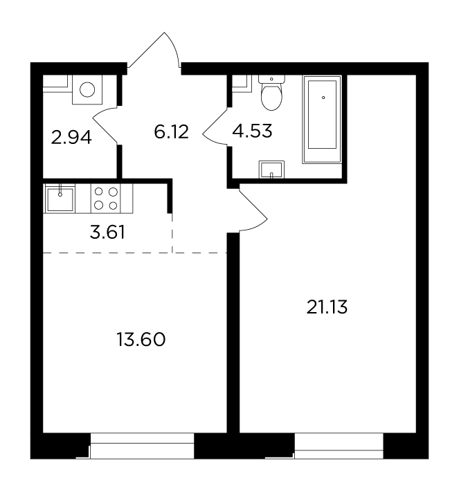2-комнатная квартира 51.93 м2, 13-й этаж