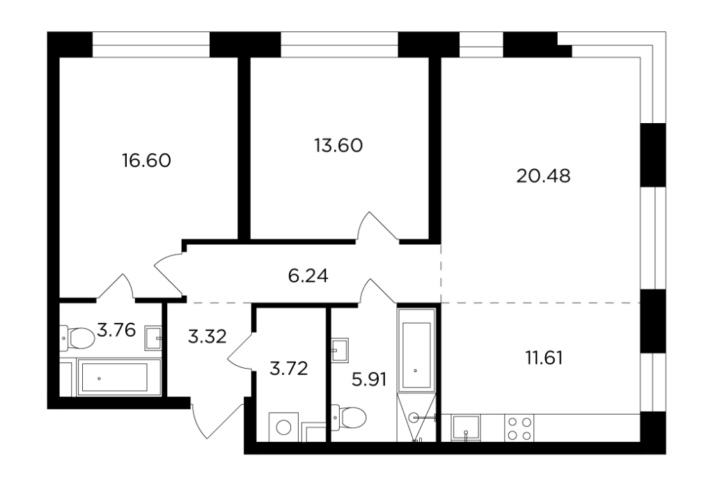 3-комнатная квартира 85.24 м2, 13-й этаж