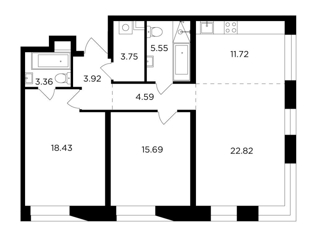3-комнатная квартира 90.06 м2, 13-й этаж