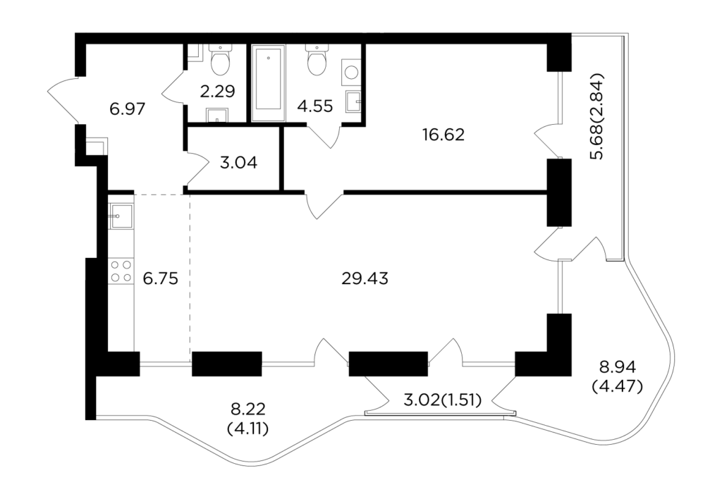2-комнатная квартира 82.58 м2, 13-й этаж