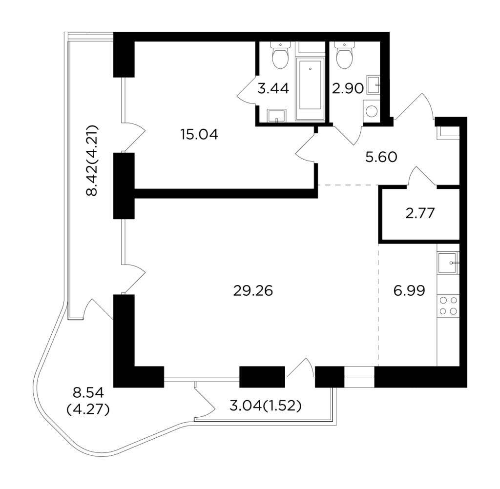 2-комнатная квартира 76 м2, 15-й этаж