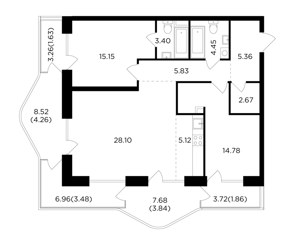 3-комнатная квартира 99.93 м2, 15-й этаж