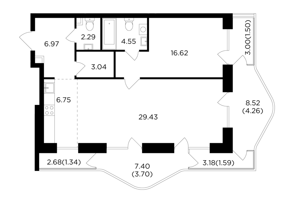 2-комнатная квартира 82.04 м2, 16-й этаж