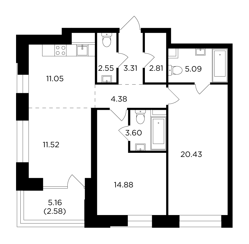 3-комнатная квартира 82.2 м2, 17-й этаж