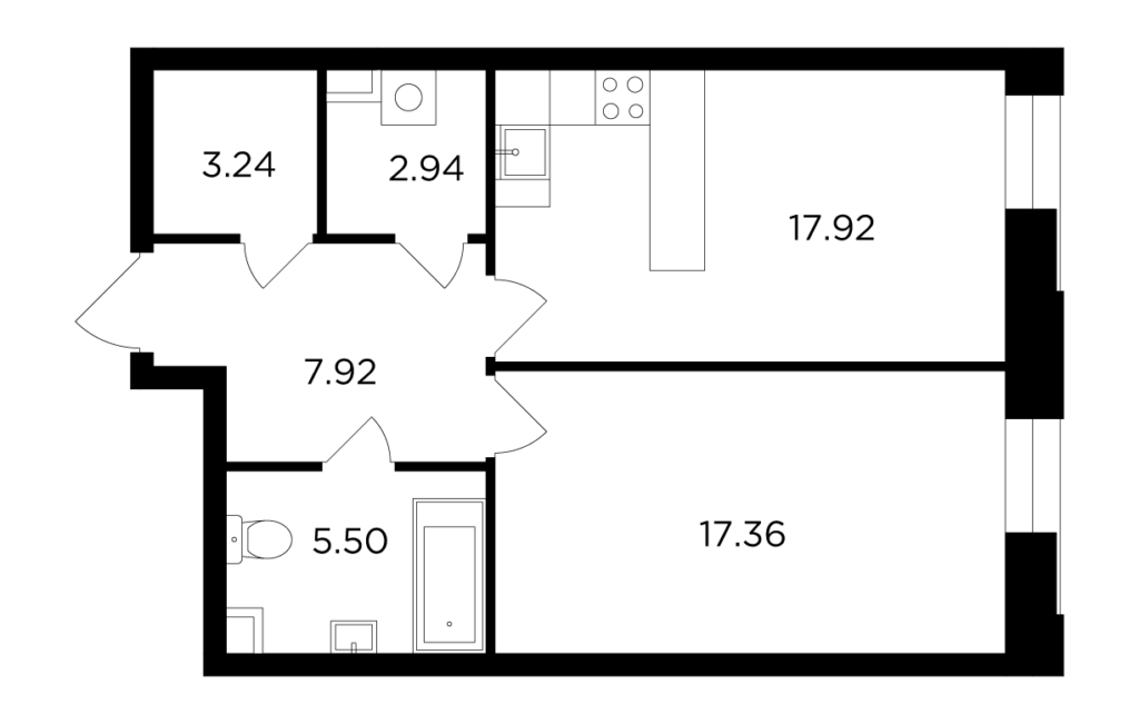 1-комнатная квартира 54.88 м2, 5-й этаж