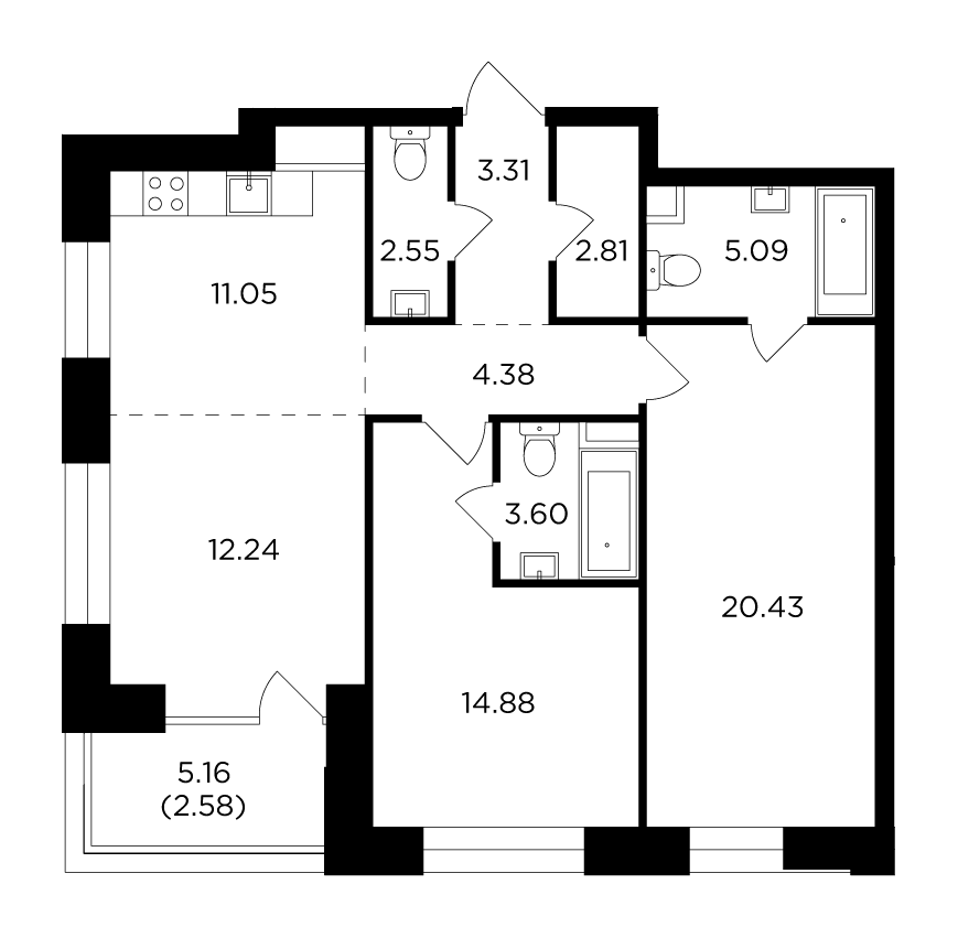 3-комнатная квартира 82.92 м2, 18-й этаж