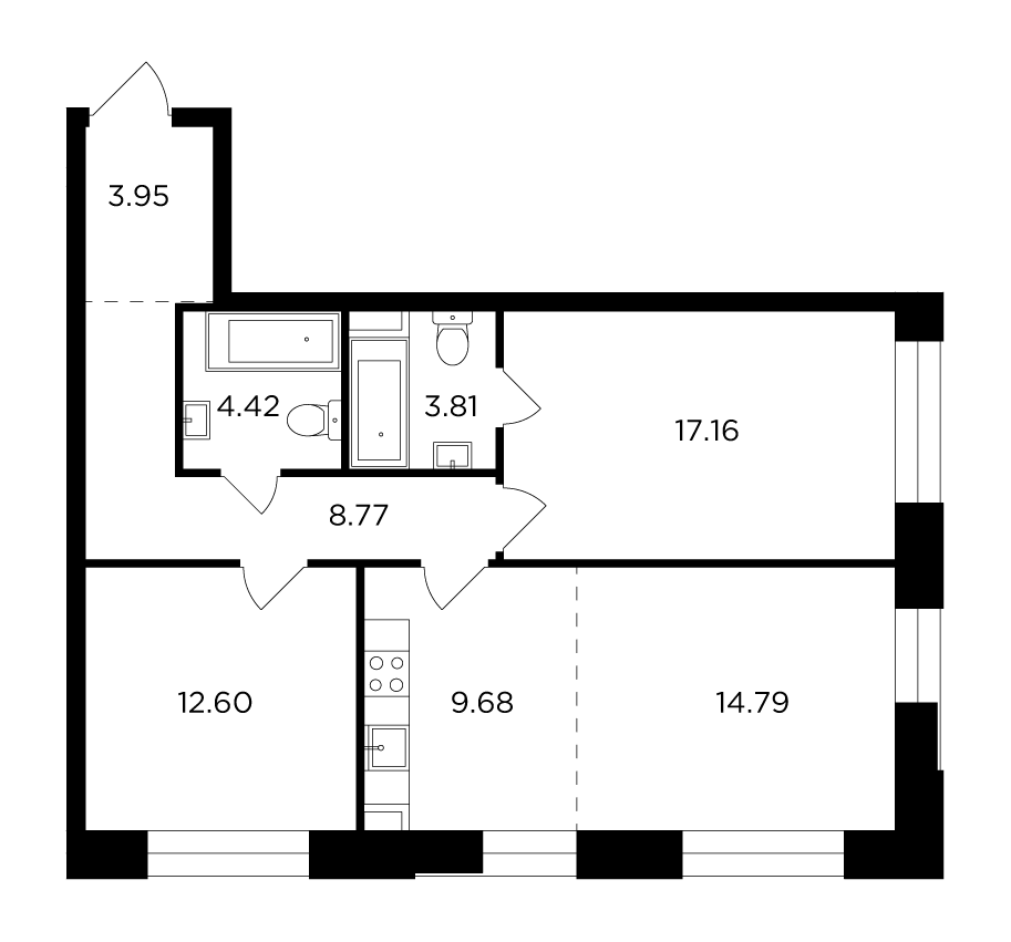 3-комнатная квартира 75.18 м2, 17-й этаж