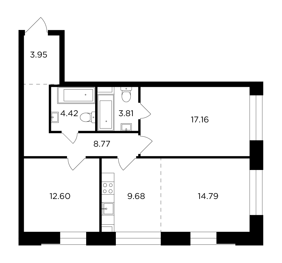 3-комнатная квартира 75.18 м2, 16-й этаж