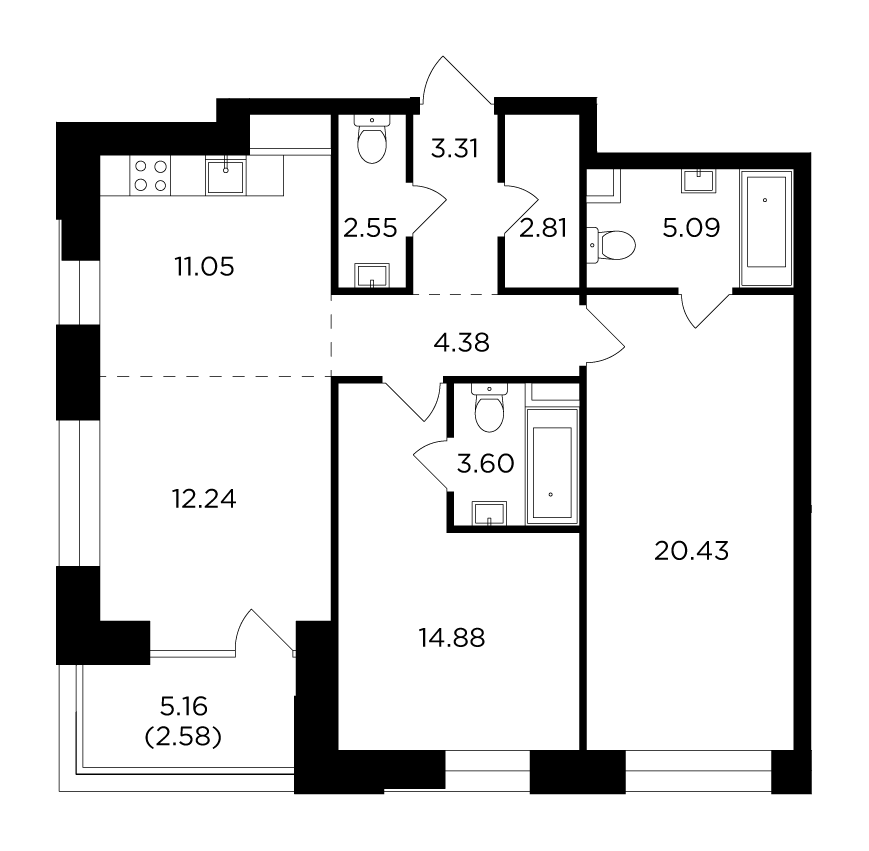 3-комнатная квартира 82.92 м2, 17-й этаж