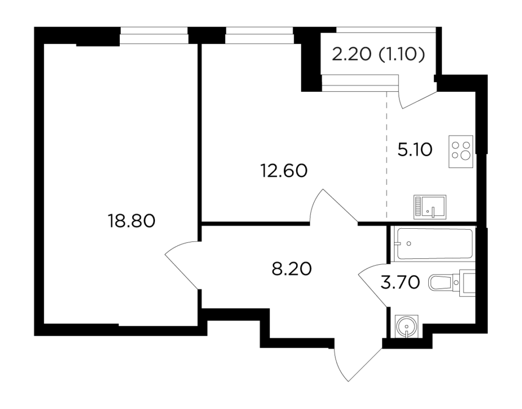 2-комнатная квартира 49.5 м2, 1-й этаж