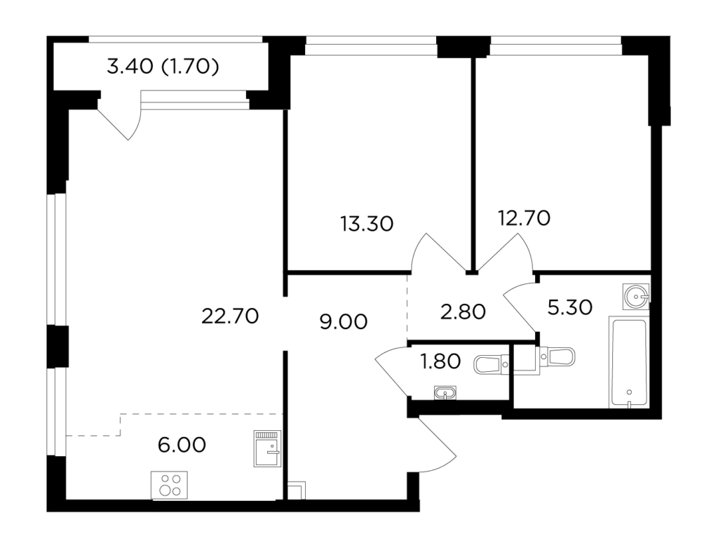 3-комнатная квартира 75.3 м2, 1-й этаж