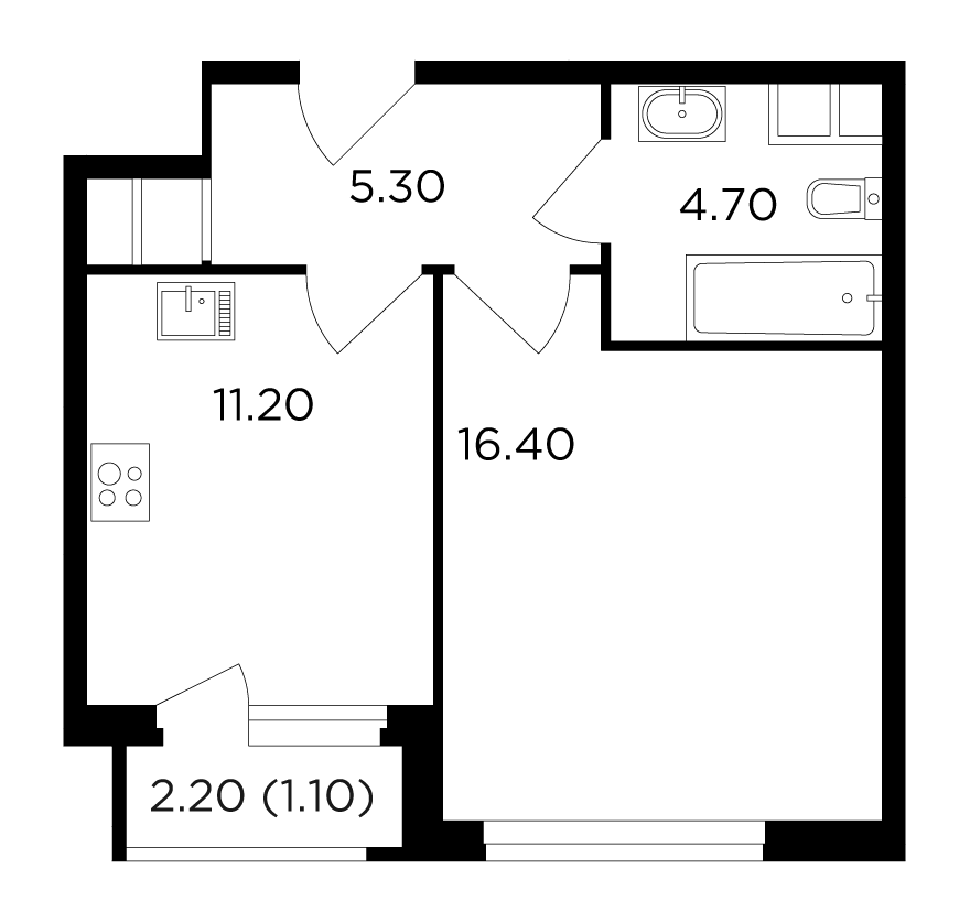 1-комнатная квартира 38.7 м2, 6-й этаж