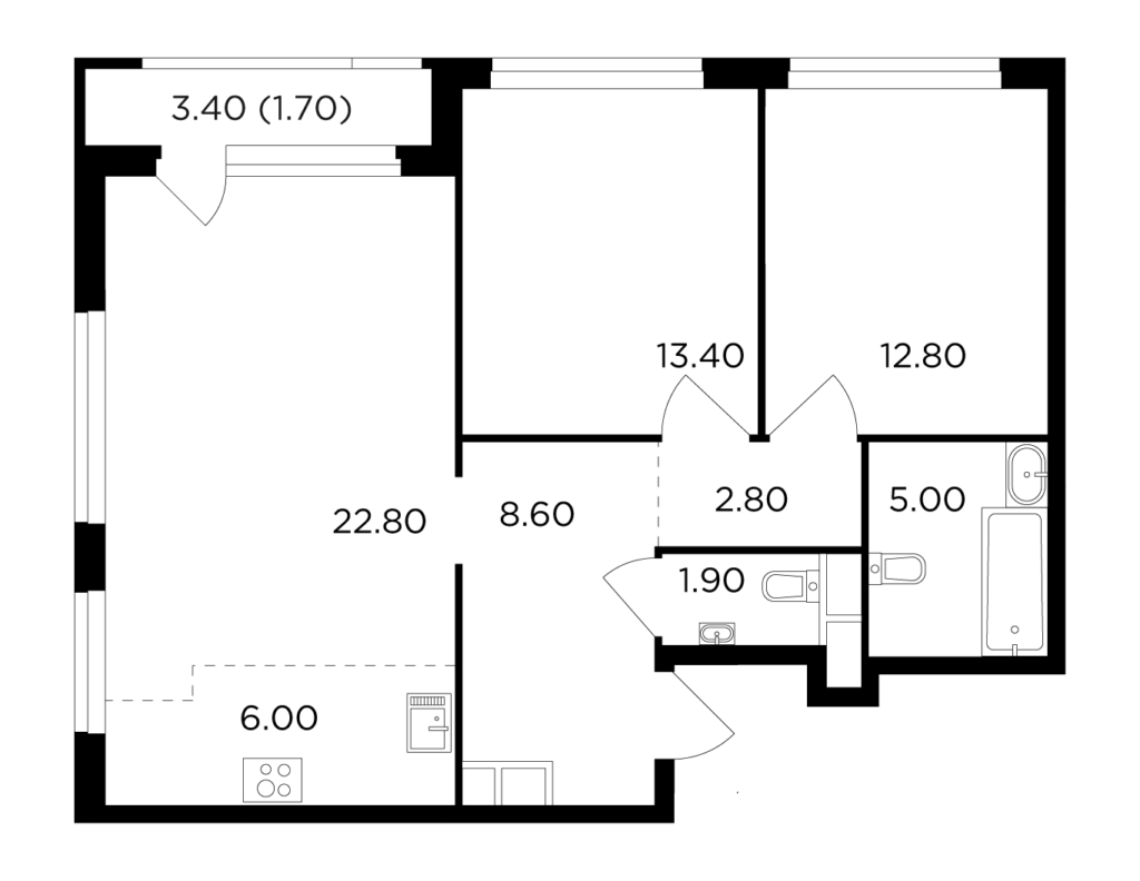 3-комнатная квартира 75 м2, 10-й этаж