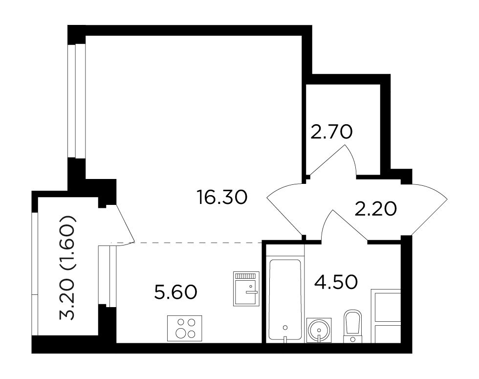 1-комнатная квартира 32.7 м2, 14-й этаж