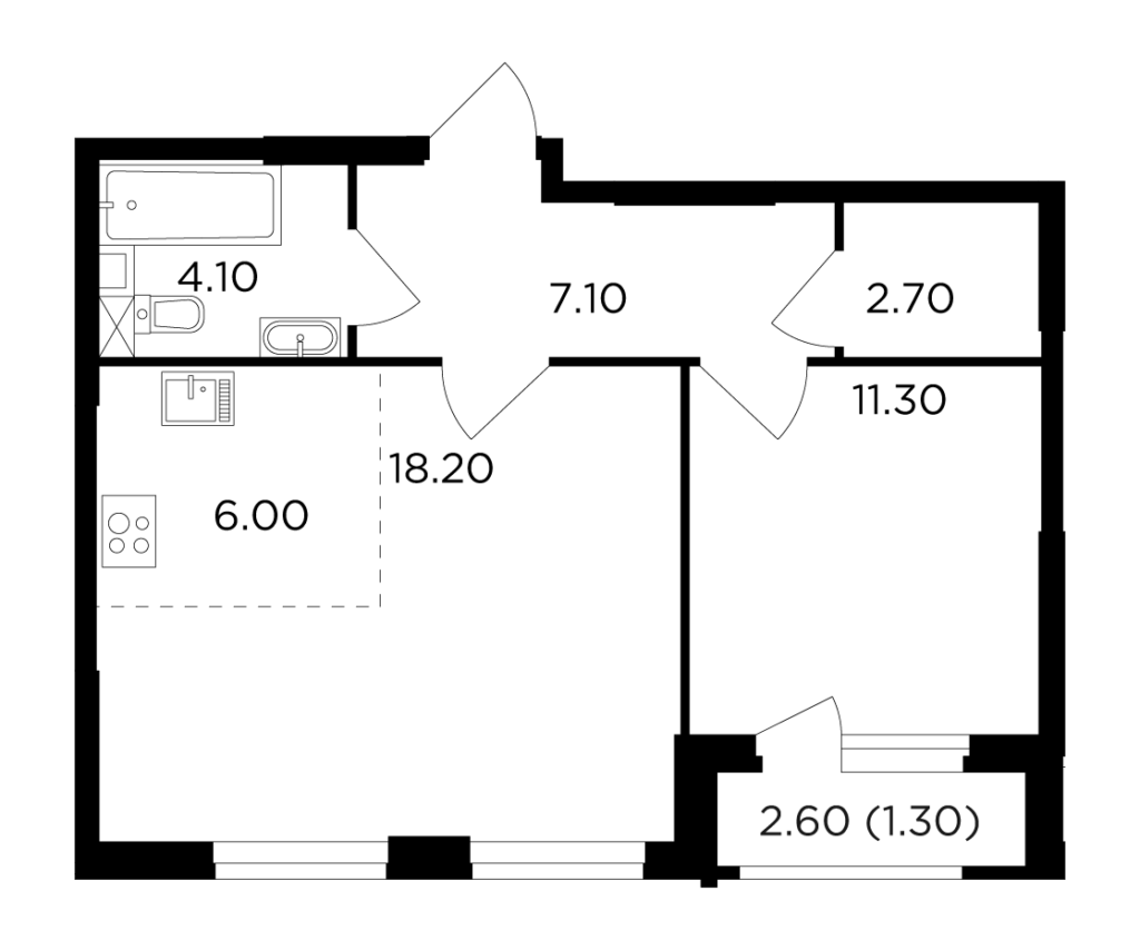 2-комнатная квартира 50.7 м2, 1-й этаж