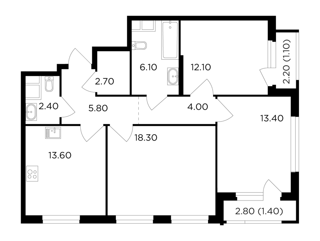3-комнатная квартира 80.7 м2, 14-й этаж