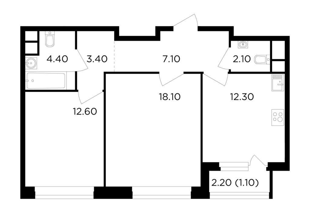 2-комнатная квартира 61.1 м2, 10-й этаж