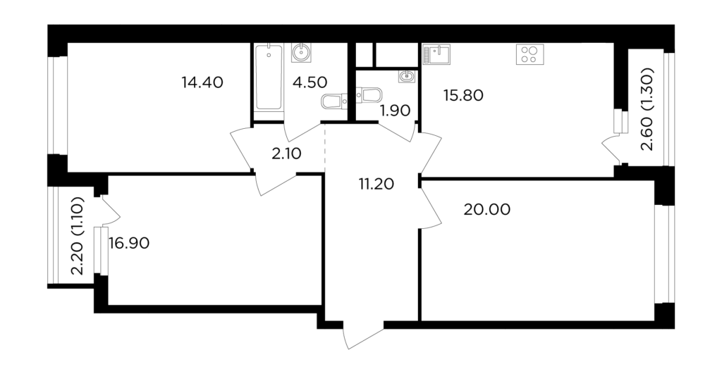 3-комнатная квартира 89.2 м2, 10-й этаж