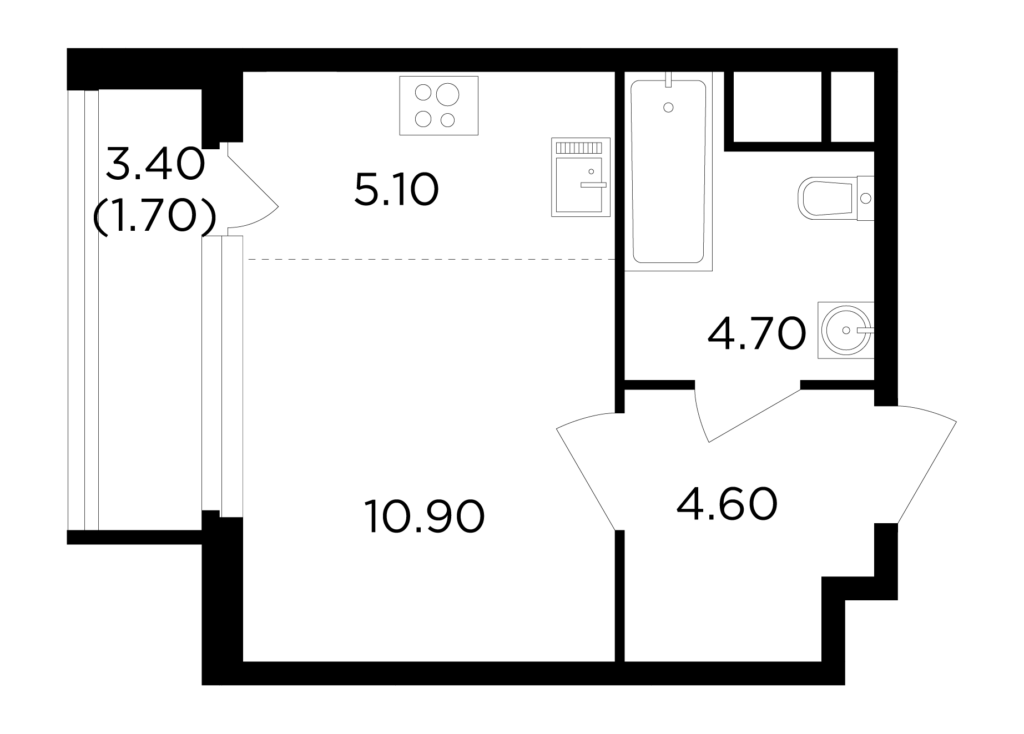 1-комнатная квартира 27 м2, 13-й этаж