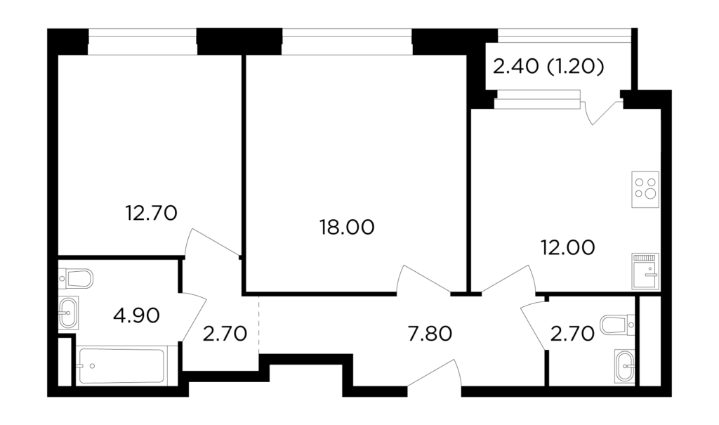 2-комнатная квартира 62 м2, 2-й этаж