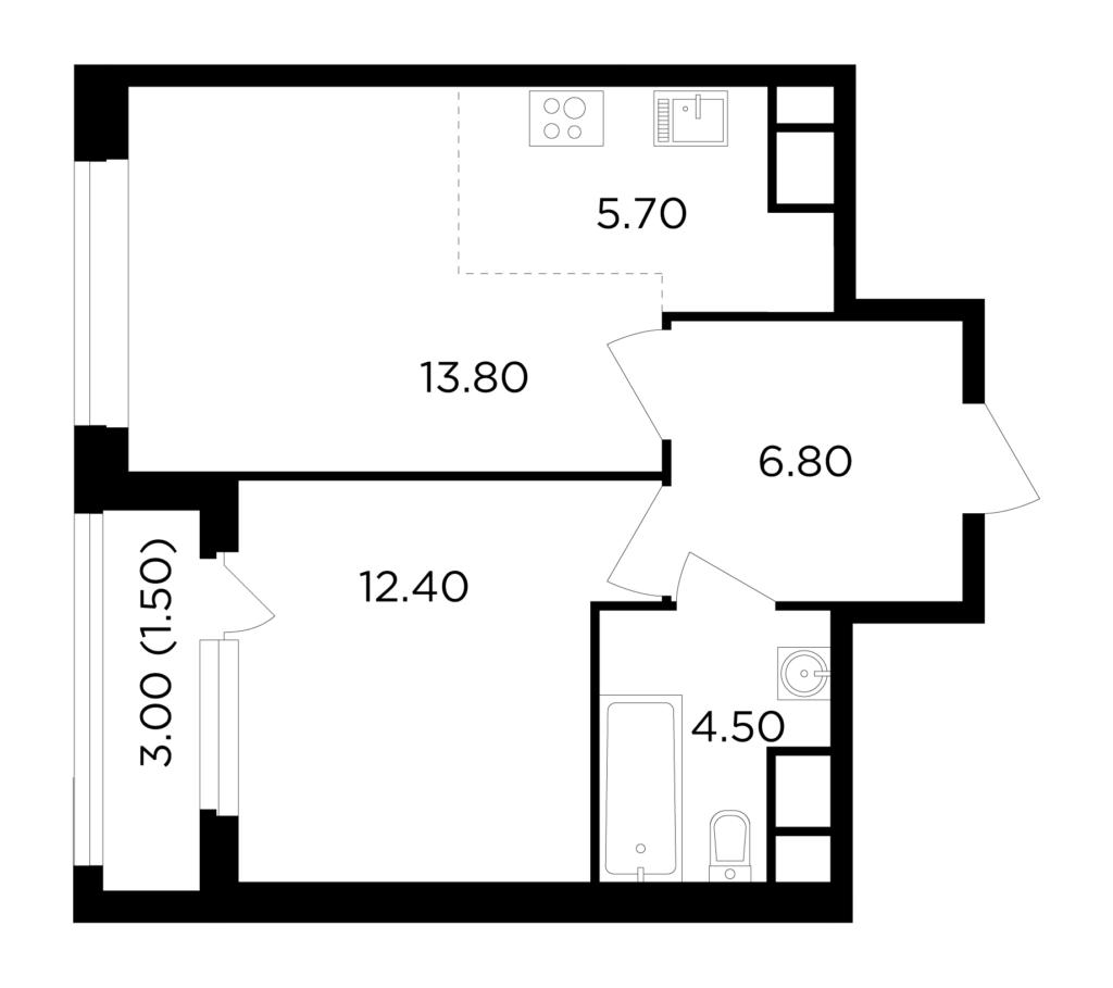 2-комнатная квартира 44.7 м2, 15-й этаж