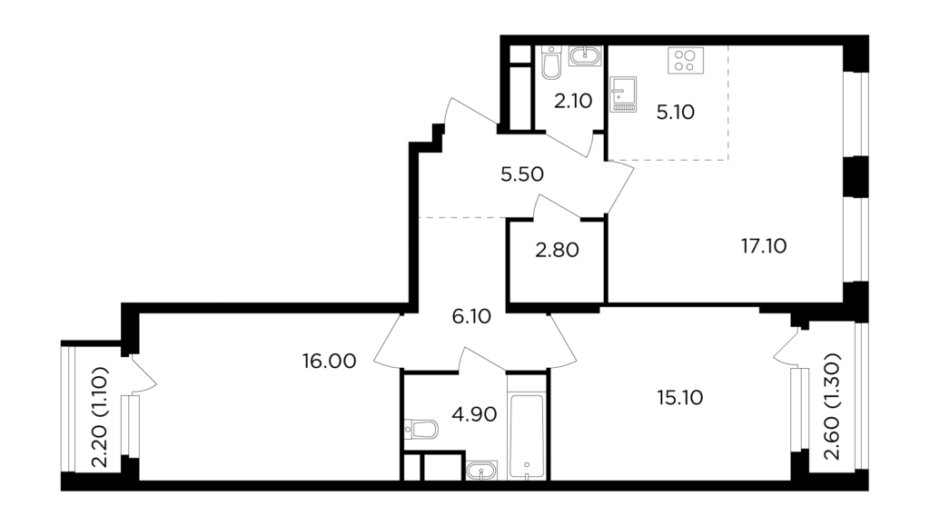 3-комнатная квартира 77.1 м2, 15-й этаж
