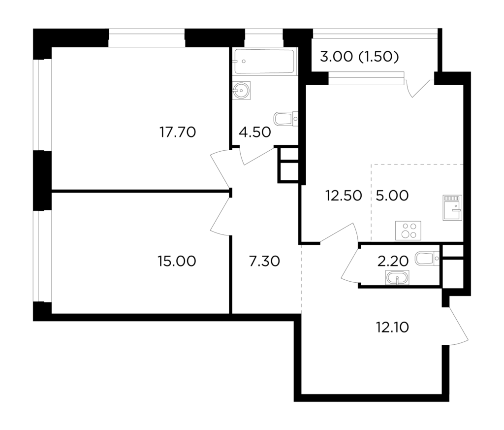 3-комнатная квартира 77.8 м2, 3-й этаж