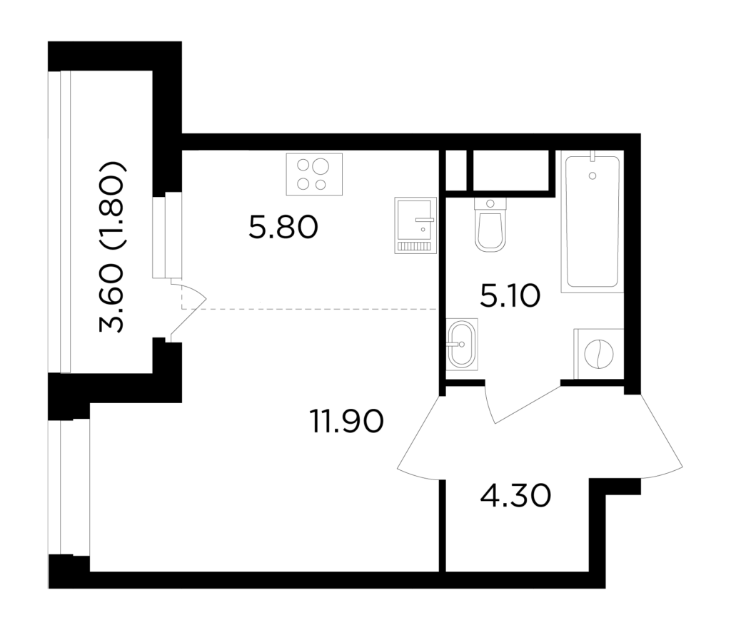 1-комнатная квартира 28.9 м2, 15-й этаж